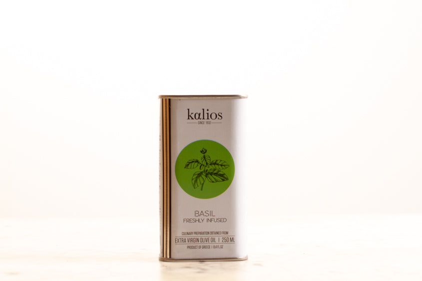 Huile d'olive infusée au basilic (bouteille de 250ml) Épicerie salée Pierre-Julien et Grégory - Kalios - Kalamata